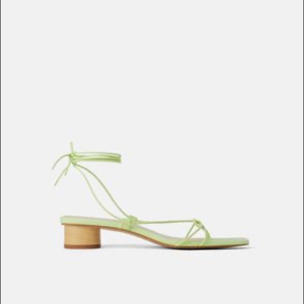 Mint / lime green square toe sandal with wooden round heel
